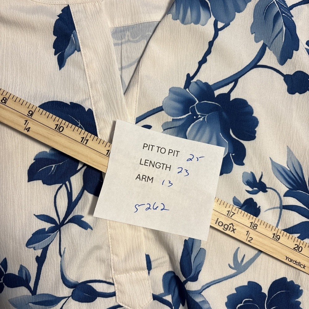 Okamen   Floral Print Smocked Top Blouse Size 3xl white/Blue 3/4 lotus sleeves - Picture 8 of 8